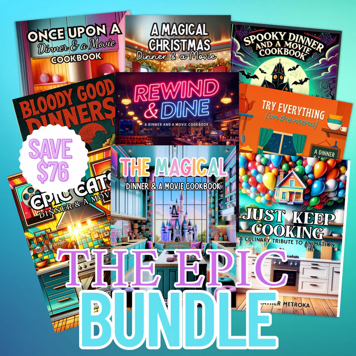 The Epic Dinner and a Movie Bundle featuring all nine themed digital cookbooks with a Save $76 badge