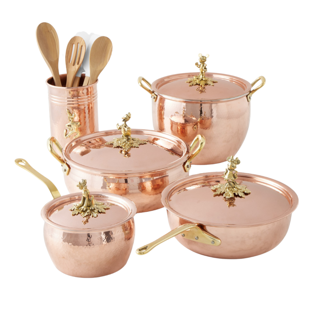 Elegant copper cookware set featuring Mickey Mouse details, perfect for Disney-inspired kitchens.