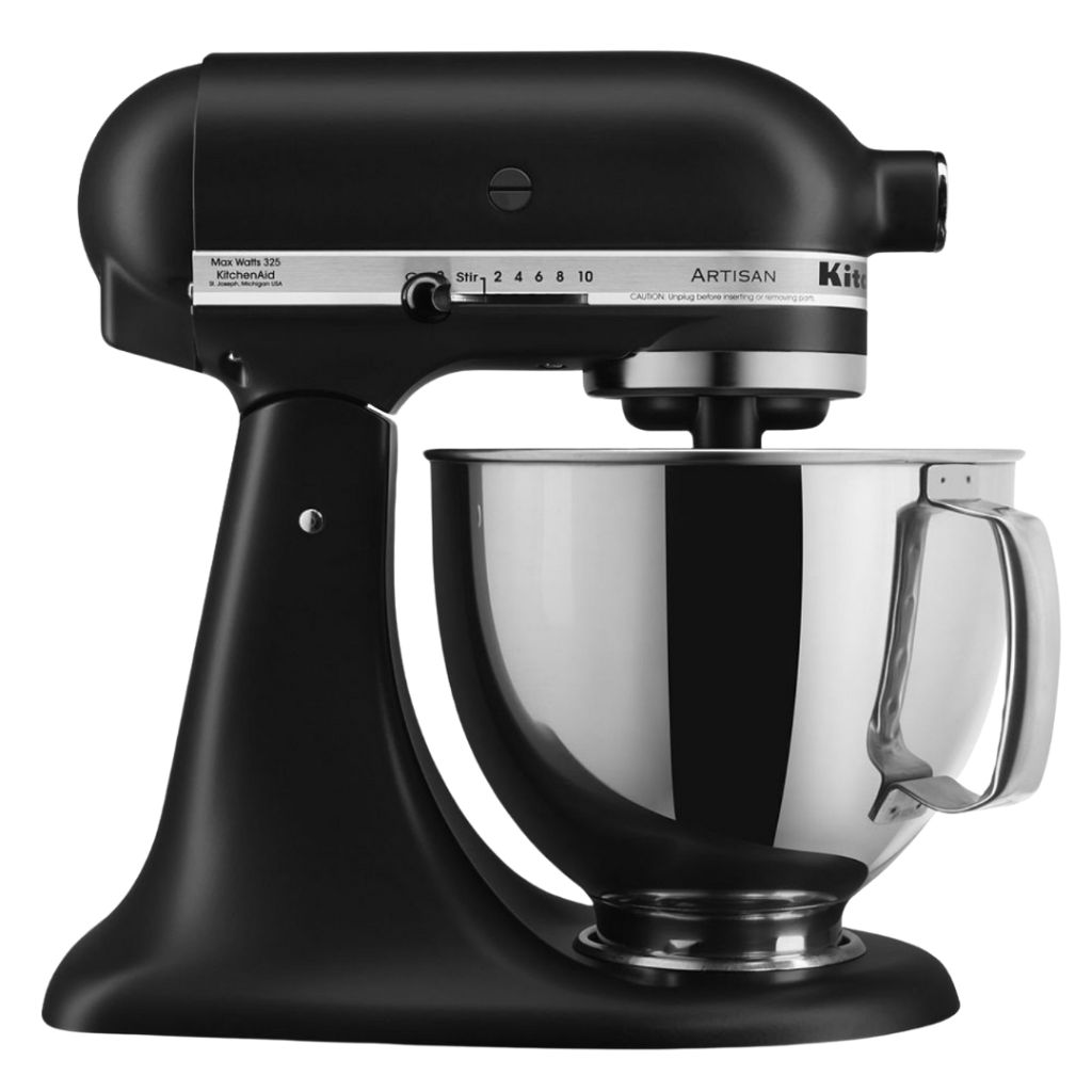 Sleek black KitchenAid stand mixer, an essential tool for baking and cooking enthusiasts.