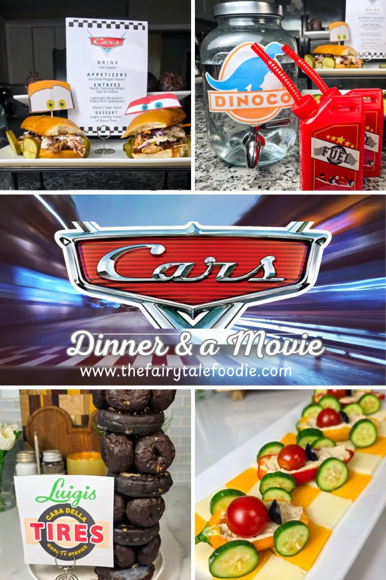 Cars Dinner and a Movie Night collage featuring Lightning McQueen-themed pulled pork sliders, Ka-Chow veggie racers appetizer, a stacked Luigi’s Leaning Tower of Donut Tires dessert, strawberry cocktail, and custom movie menu. Perfect for a Disney Cars-themed family dinner or movie party.