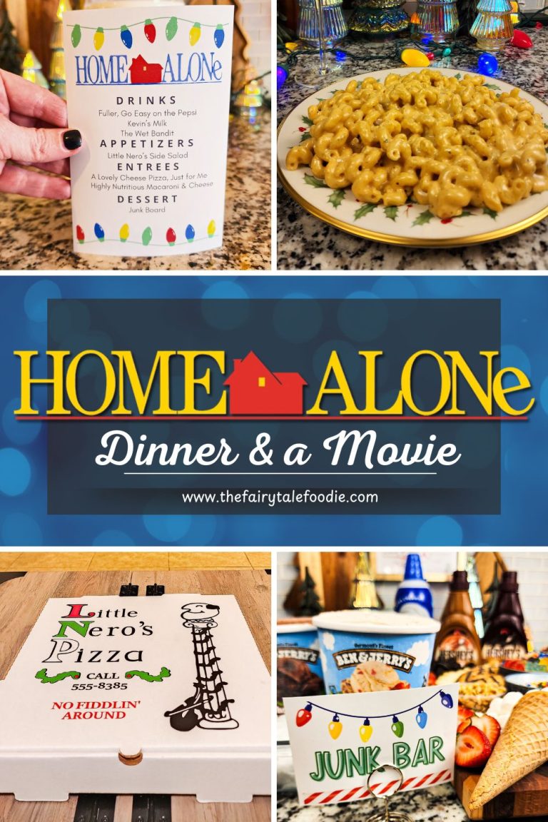 Home Alone Dinner & a Movie Pinterest graphic featuring themed menu, mac and cheese, pizza box, and junk bar
