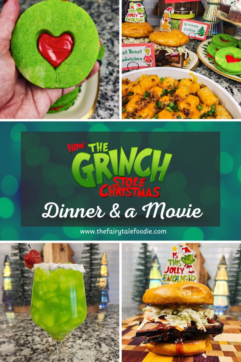 Collage of How the Grinch Stole Christmas dinner and a movie night featuring a green Grinch cocktail, Roast Beast sandwich, Who Hash, and Grinchmas cookies.