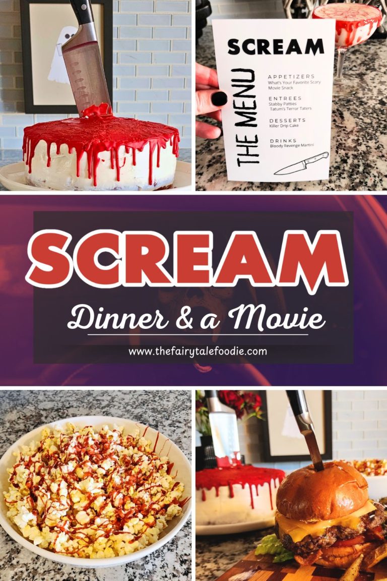 Vertical collage featuring Scream menu card, bloody cake, popcorn, and burger for a Halloween movie night.