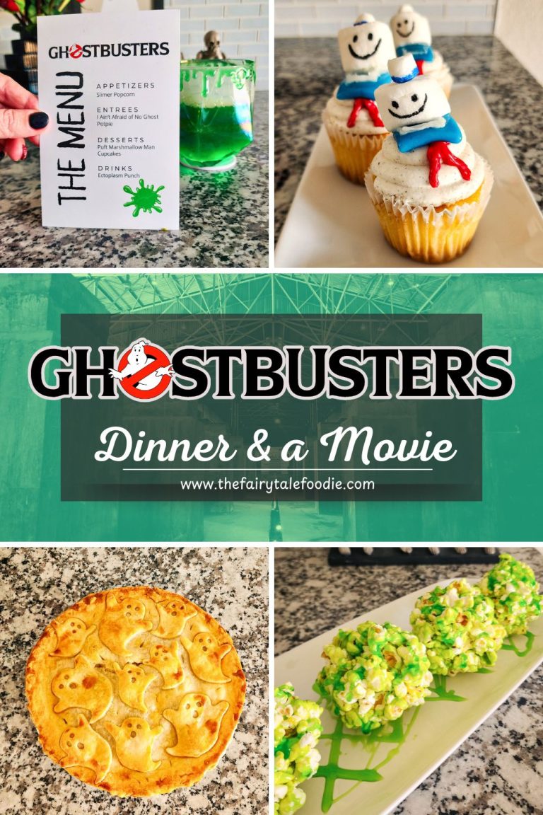 Collage of Ghostbusters-themed dinner and a movie menu, including a printed menu card with Ectoplasm Punch, Stay Puft Marshmallow Man cupcakes, a golden ghost-topped pot pie, and Slimer Popcorn Balls, with a bold “Ghostbusters Dinner & a Movie” banner across the center.