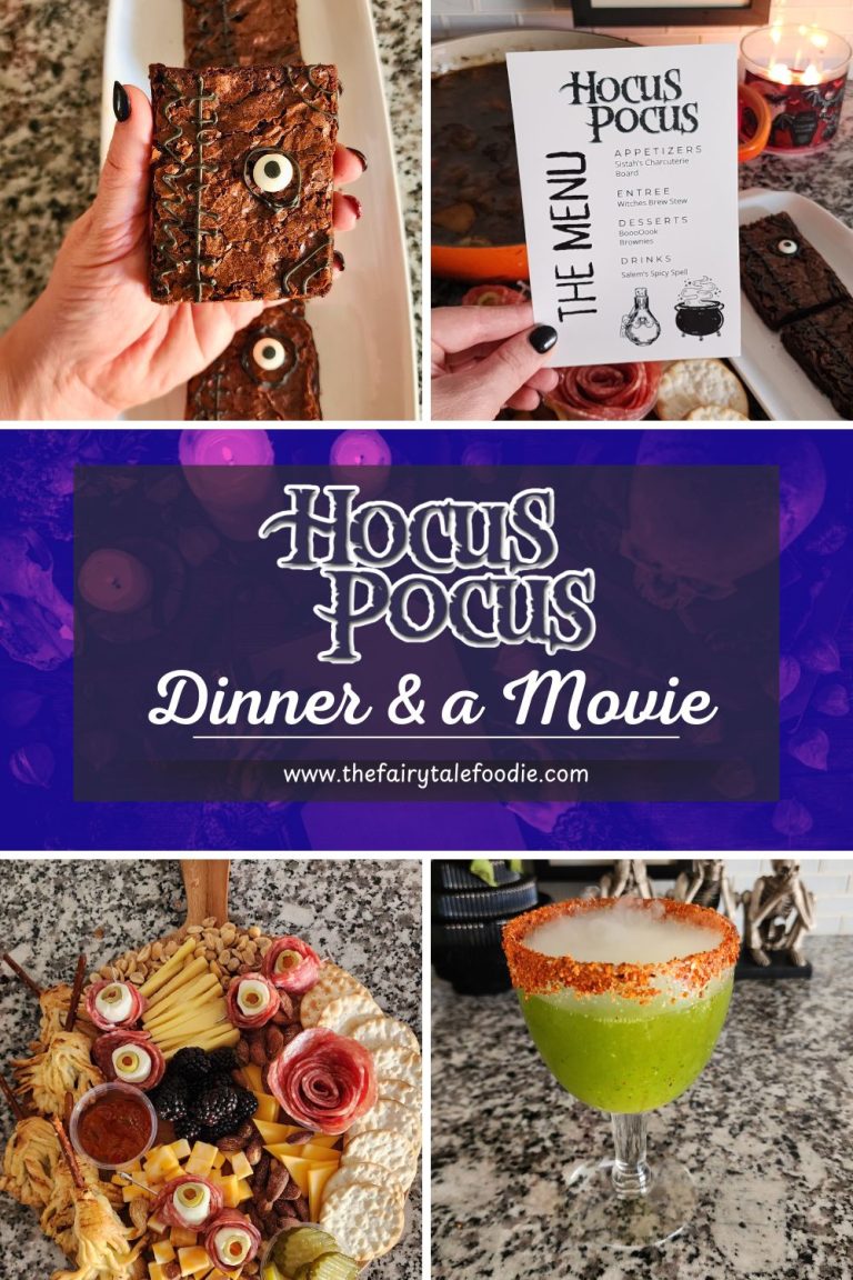 Vertical Pinterest graphic featuring Hocus Pocus dinner and a movie menu, brownies, charcuterie board, and Salem’s Spicy Spell cocktail.