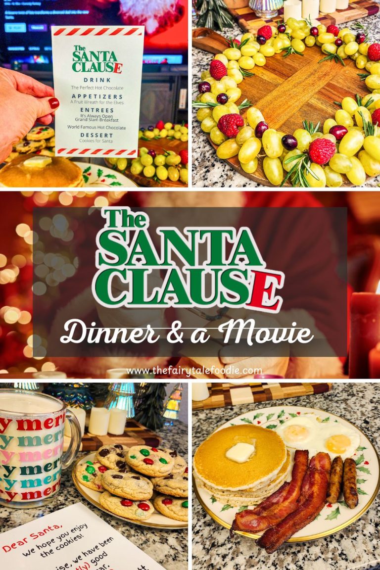 The Santa Clause Dinner and a Movie vertical collage featuring pancakes, bacon, cookies for Santa, and a grape wreath appetizer.