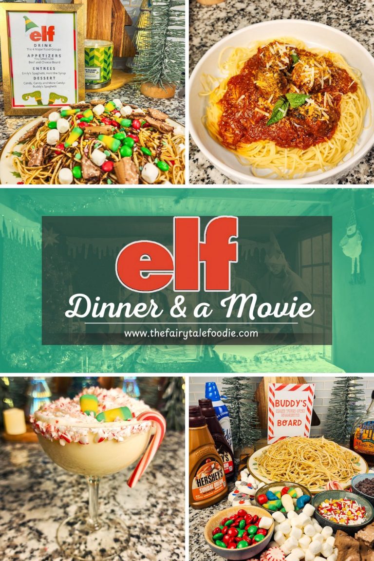 Collage of Elf-themed Christmas dinner ideas featuring Buddy’s candy spaghetti, spaghetti and meatballs, peppermint cocktail, and dessert board.