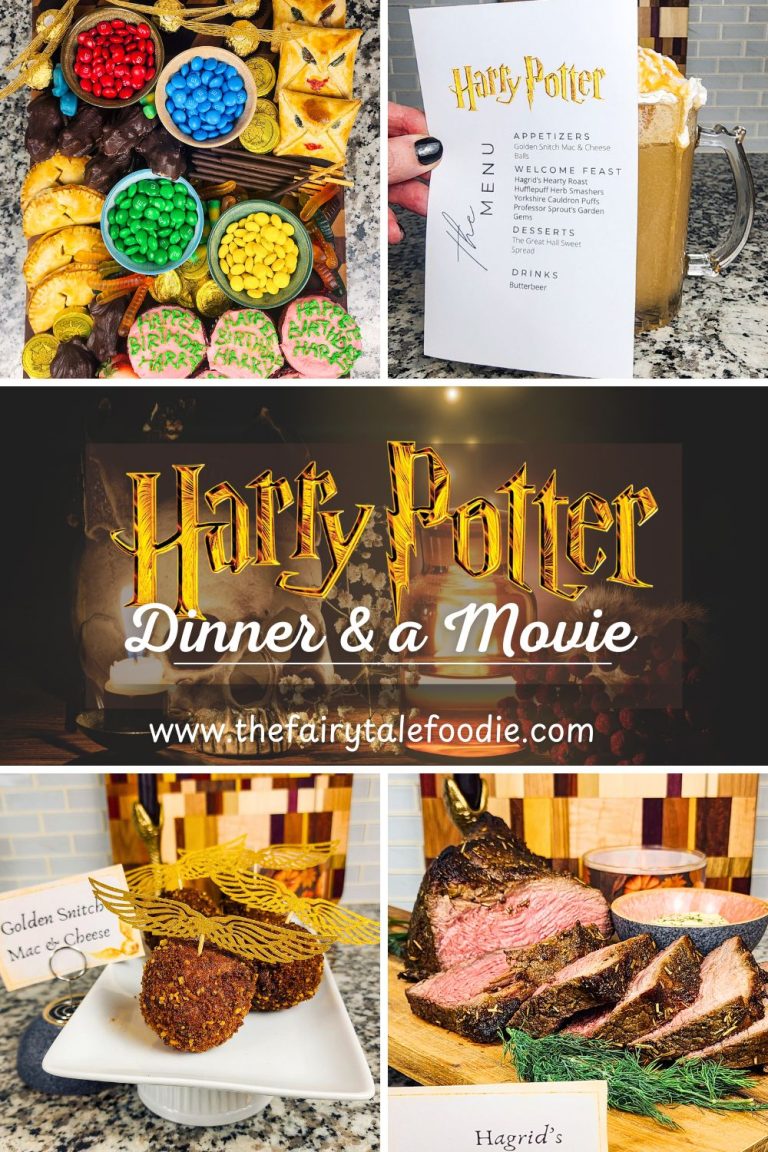 Harry Potter dinner and a movie collage featuring themed food like roast beef, golden snitch mac and cheese balls, dessert board, and butterbeer.