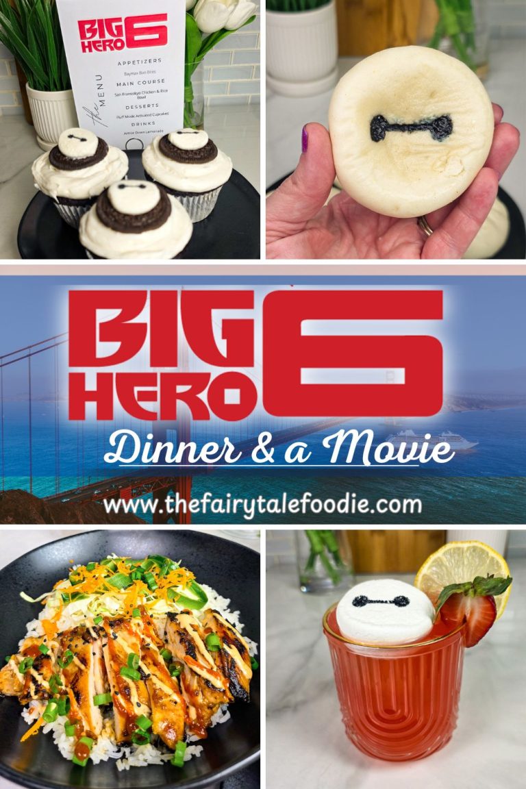Big Hero 6 Dinner and a Movie collage featuring Baymax cupcakes, bao buns, San Fransokyo chicken and rice bowl, and Armor Down Lemonade.