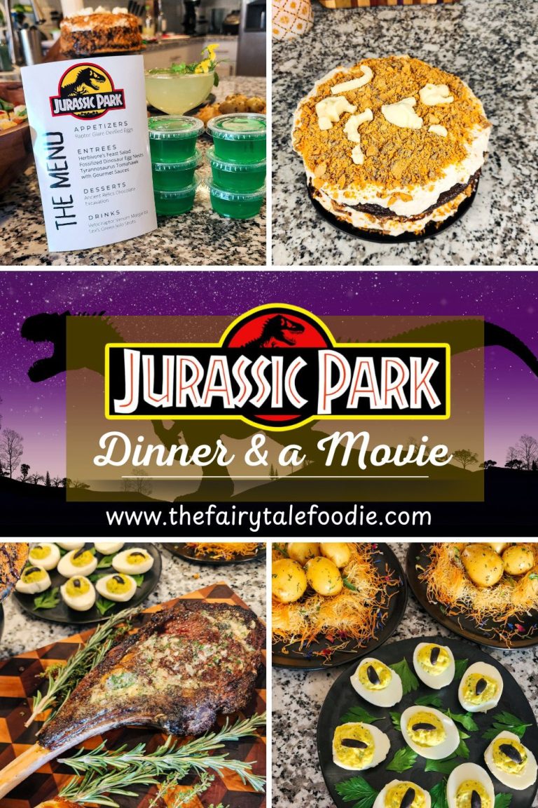 Collage of Jurassic Park-themed dinner and a movie night featuring green Jello shots, dinosaur excavation cake, deviled eggs, a tomahawk steak, and a Jurassic Park menu card with www.thefairytalefoodie.com banner.