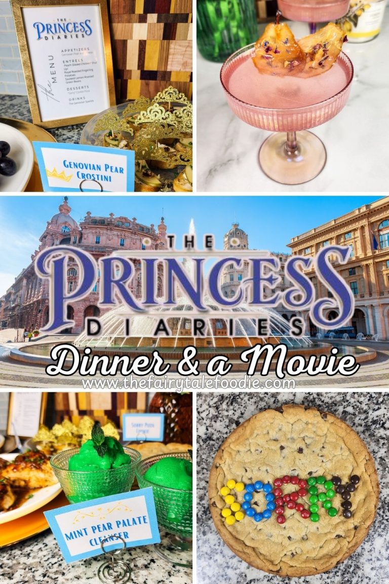 Collage of Princess Diaries themed dinner including pear crostini, pink Genovian Sparkle cocktail, mint sorbet, and “Sorry” cookie pizza.