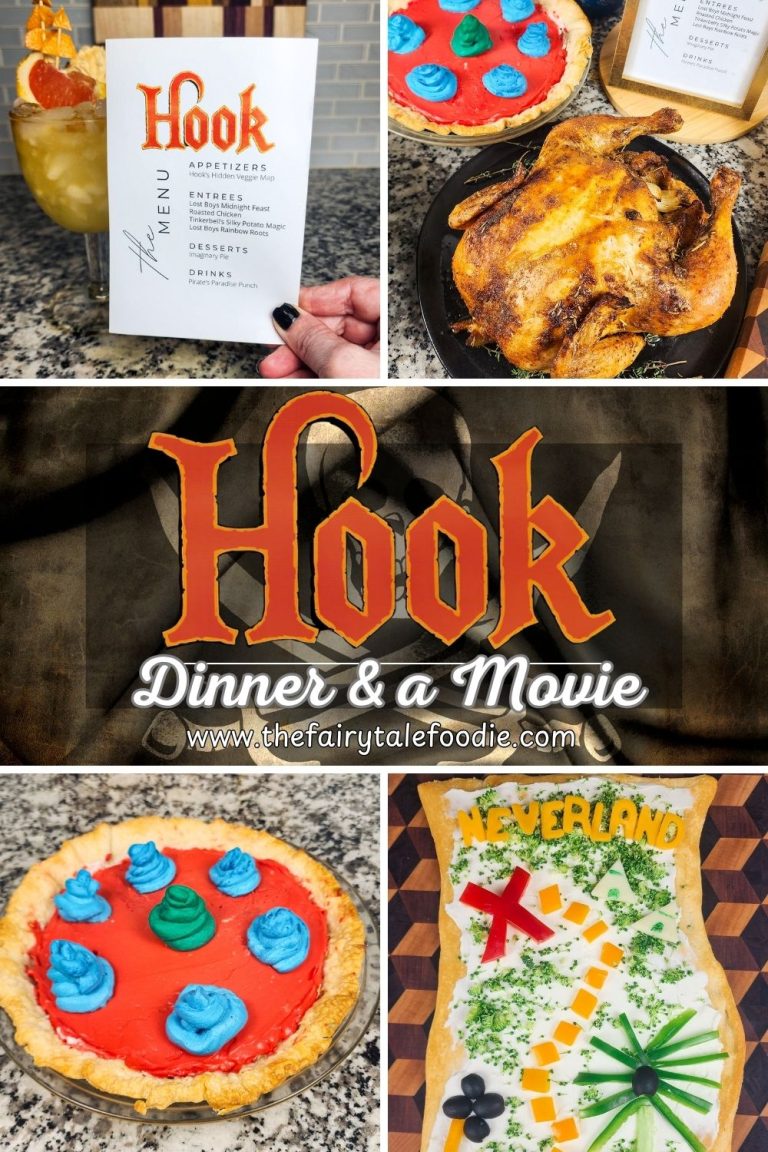 Collage of Hook-inspired dishes including Imaginary Pie, Hidden Veggie Map, and roasted chicken with Hook logo.