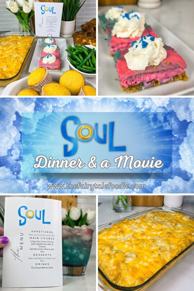 Collage of Soul-themed dinner items with bold black text reading “Soul Inspired and a Movie”