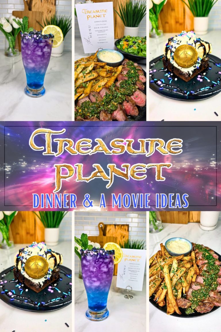 Treasure Planet dinner ideas collage with galactic drink, steak with fries, and golden brownie dessert