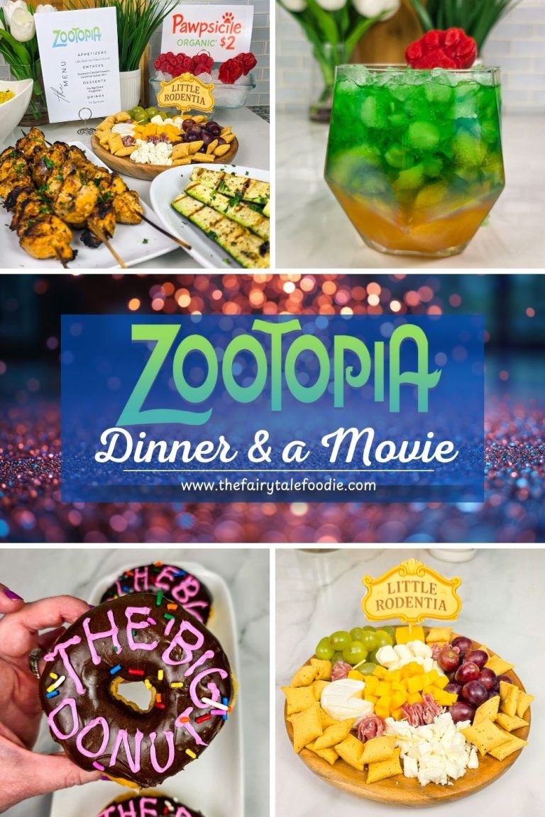 Collage showing Zootopia-themed food and drink including skewers, a green cocktail, The Big Donut, and a cheese board.