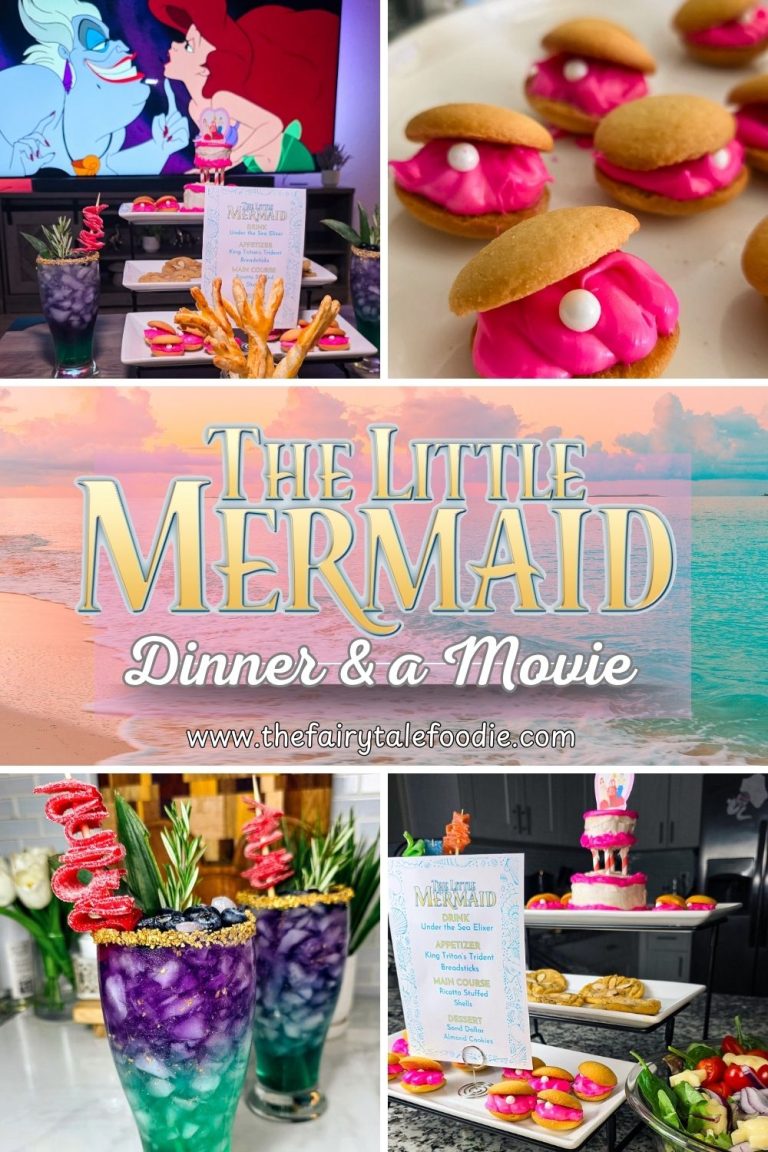 The Little Mermaid Dinner and a Movie Night menu featuring clam shell cookies, Under the Sea cocktails, King Triton’s Trident breadsticks, and a themed wedding cake with menu card, all inspired by Disney’s The Little Mermaid.
