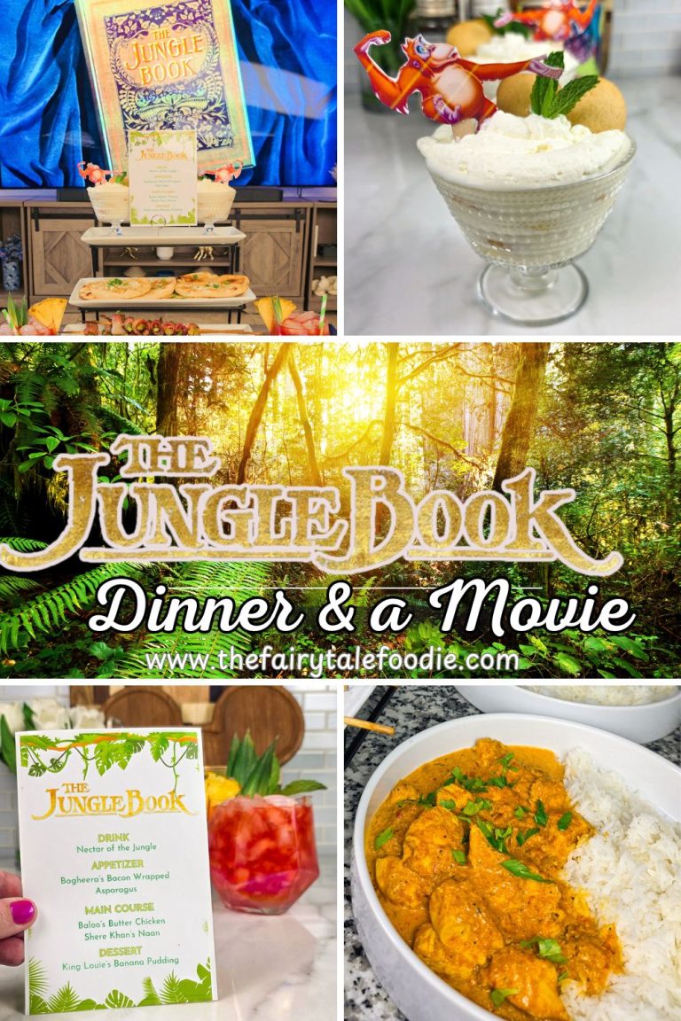 A horizontal banner featuring a Jungle Book movie night dinner setup: Baloo on TV, the themed menu, King Louie banana pudding, the Nectar of the Jungle cocktail, bacon-wrapped asparagus, naan, and bowls of butter chicken and rice.
