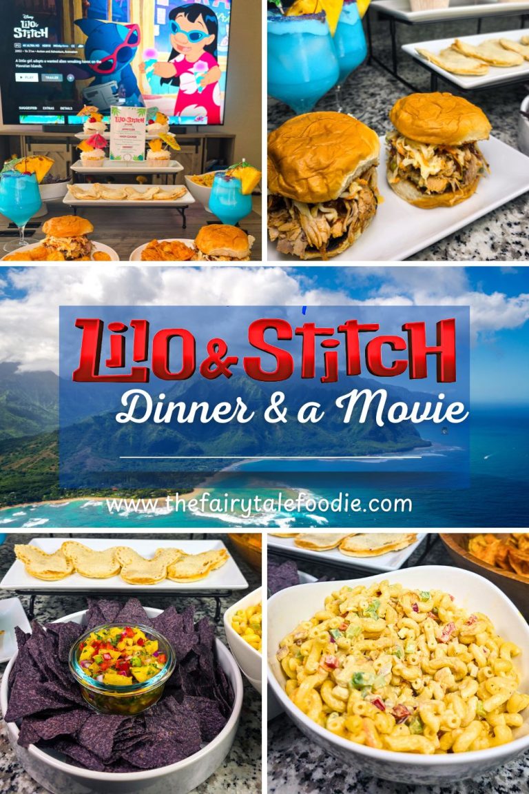 Collage of a Lilo & Stitch dinner and a movie night featuring pulled pork sandwiches, blue tropical drinks, Mickey-shaped sandwiches, pineapple salsa with blue corn chips, creamy Hawaiian macaroni salad, and a “Lilo & Stitch Dinner & a Movie” logo over a Hawaiian coastline.