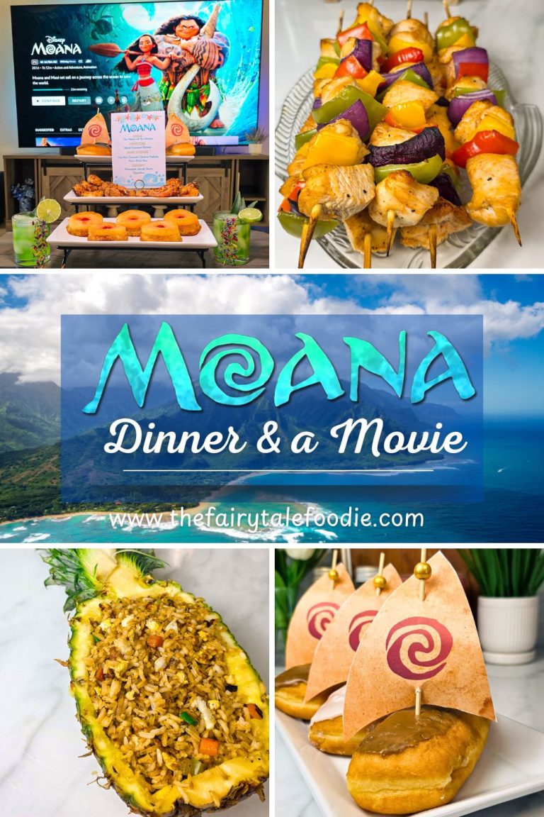 Pinterest-style collage of Moana dinner and a movie images, including the table setup, kabobs, pineapple rice, and wayfinder donuts.