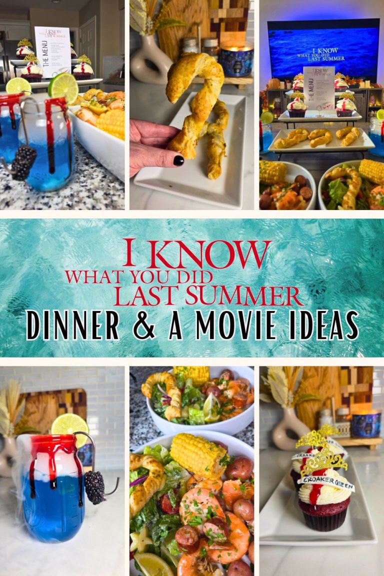 Collage of themed dishes and drinks inspired by I Know What You Did Last Summer, featuring a seafood boil with corn and shrimp, hook-shaped breadsticks, foggy blue cocktails, and Croaker Queen cupcakes.
