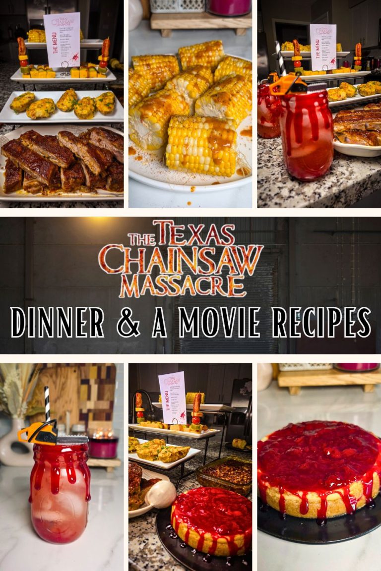 Collage of horror-inspired recipes from The Texas Chainsaw Massacre dinner and a movie night, including ribs, potatoes, corn, cocktails, and cheesecake.