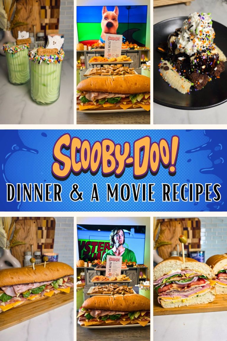 Pinterest collage of Scooby-Doo dinner and a movie recipes including drinks, sandwich, and dessert