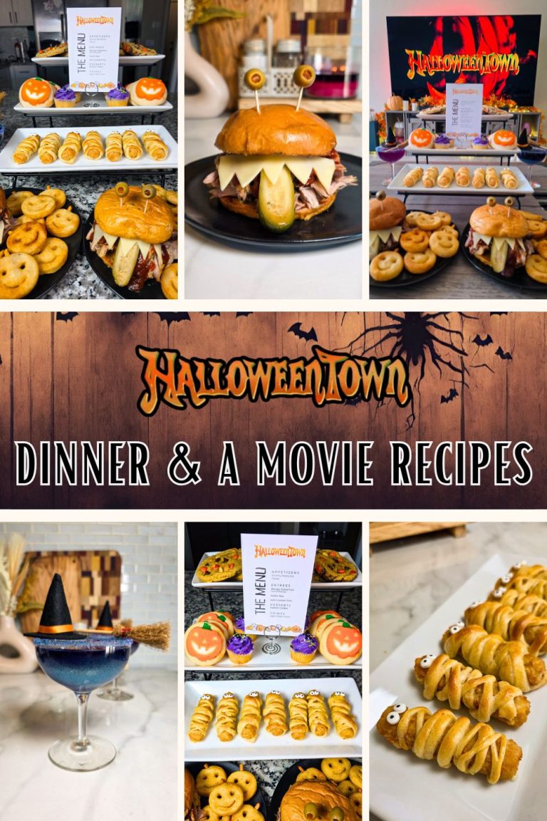 Collage of Halloweentown-inspired foods including monster sandwiches, mummy mozzarella sticks, blue cocktails, and themed menu card.