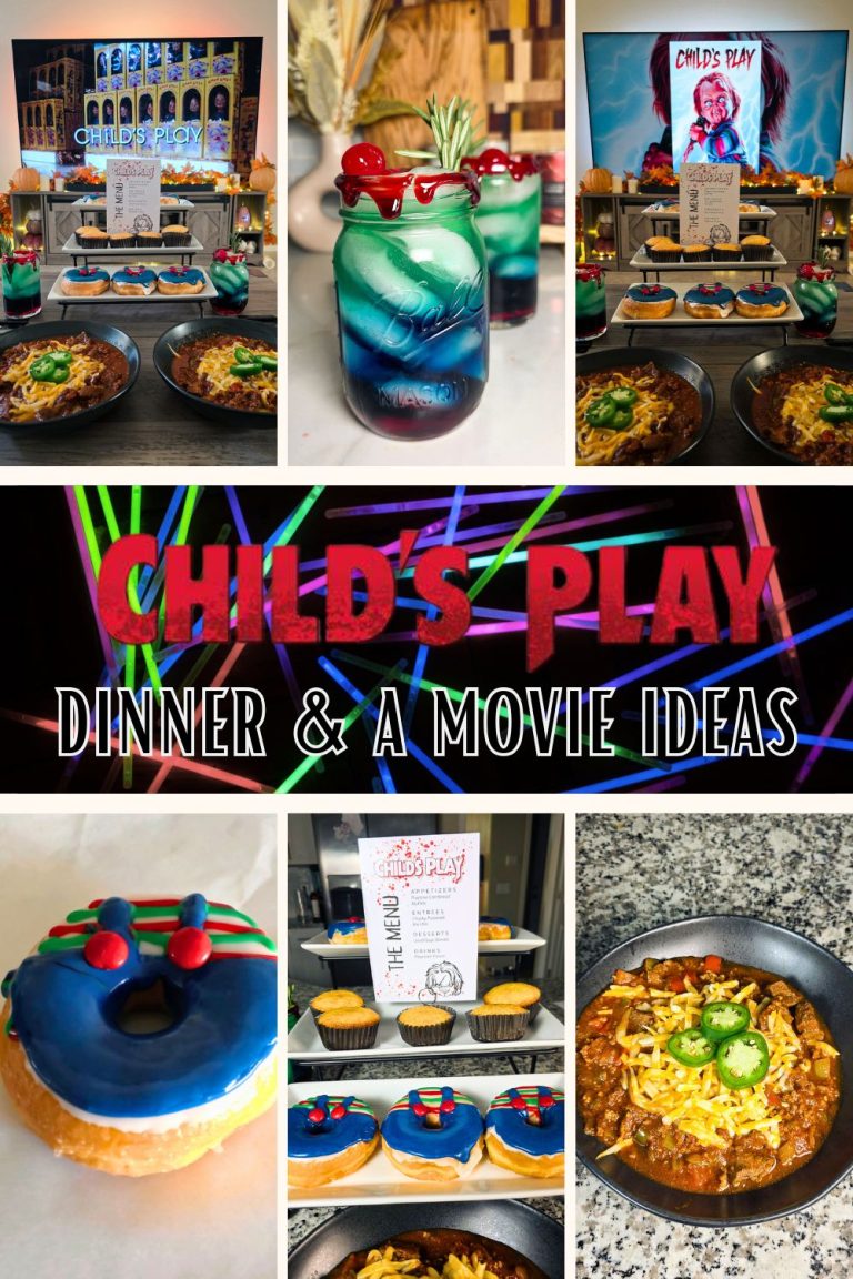 Child’s Play dinner and movie night setup featuring Chucky-themed cocktails, chili, Good Guys donuts, and cornbread muffins inspired by the horror film.