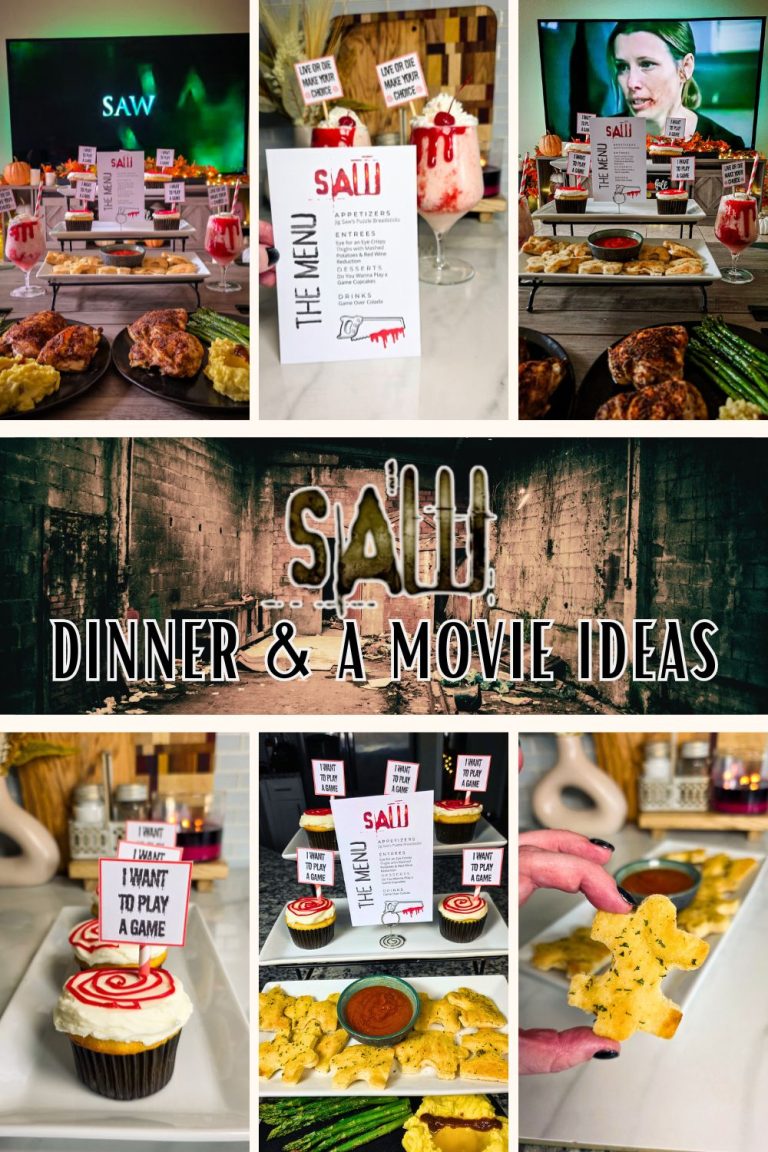 Collage of horror-themed SAW dinner night ideas with food, drinks, and creepy menu styling