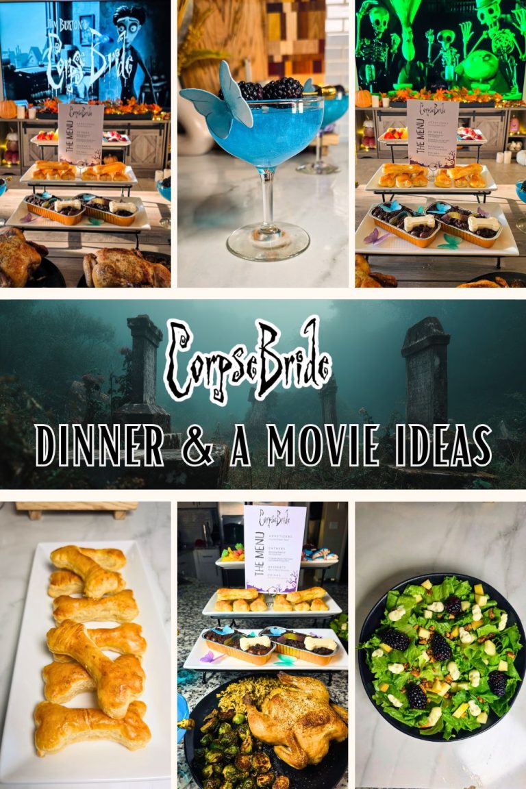 Horizontal collage showing Corpse Bride dinner setup, salad, brownies, and blue cocktail