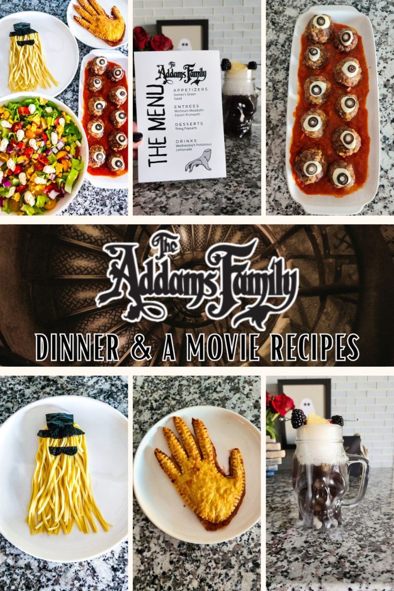Collage of Addams Family dinner and a movie night menu featuring Cousin Itt Linguine, Morticia’s Meatballs, Thing Hand Pies, Wednesday’s Poisonous Lemonade, and Gomez’s Green Salad.