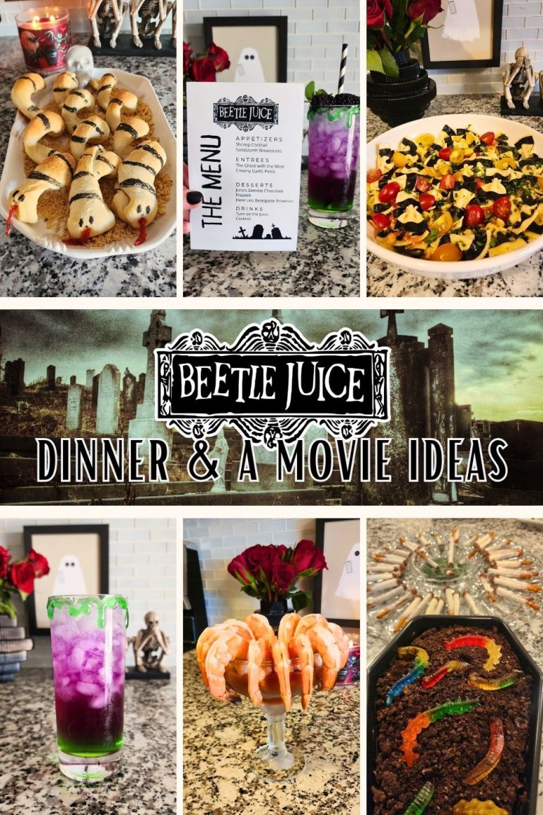 Beetlejuice-themed dinner and a movie menu collage featuring sandworm breadsticks, striped pasta, creepy cocktails, shrimp cocktail, candy pretzels, and graveyard brownies.