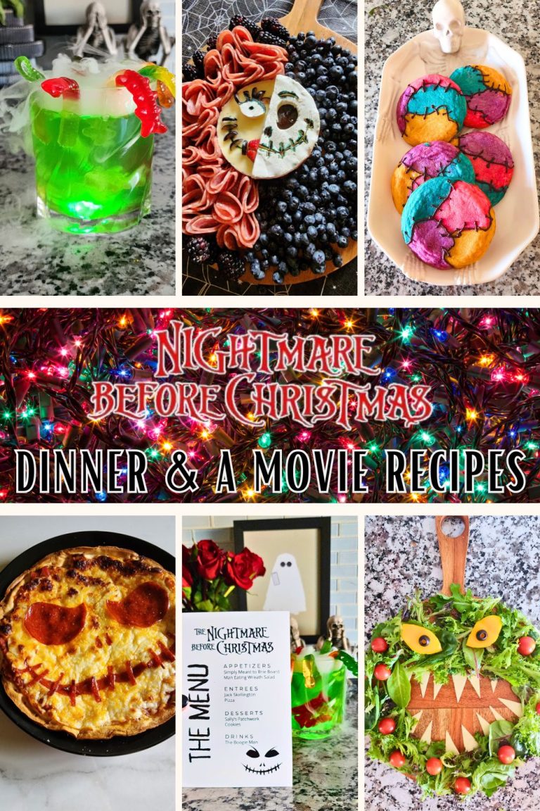 Collage of Nightmare Before Christmas themed dinner and movie recipes including Jack Skellington pizza, Sally’s Patchwork cookies, Boogie Man cocktail, and monster wreath salad.